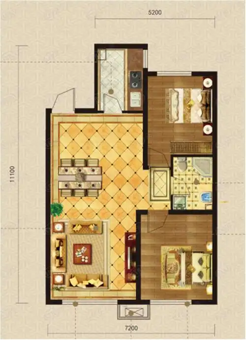 龙湖紫都城二期2室2厅1卫户型图 - 沈阳乐居