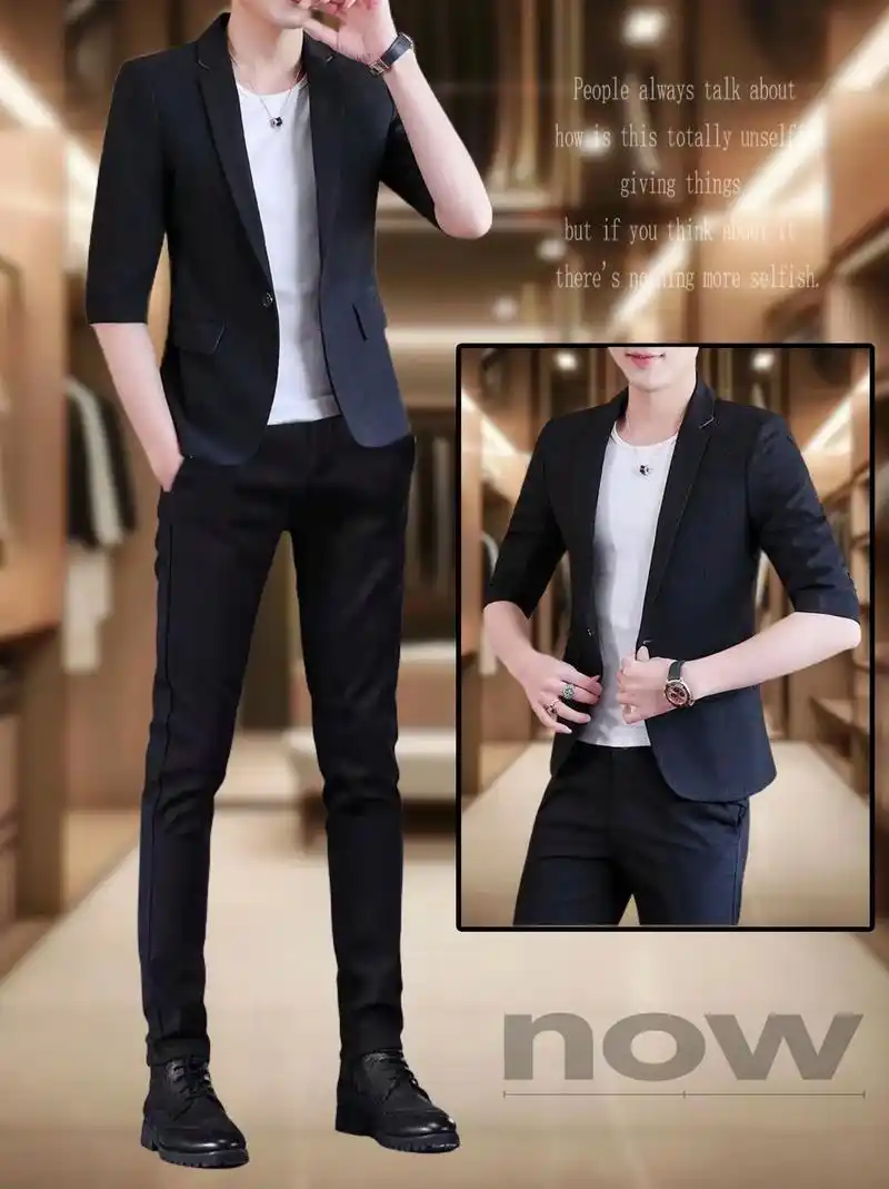 男神哥们们,这款休闲轻奢修身七分袖西装两件套,轻薄透气,修身 - 抖音