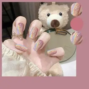 奈妮娜dy21长彩虹猫眼光疗假指甲片手工穿戴美甲贴成品甲片美甲