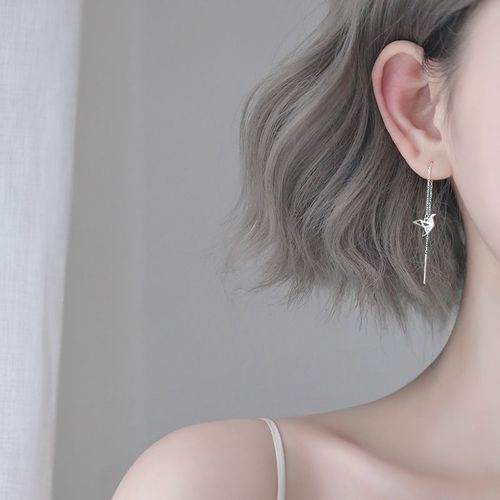 s925银童年千纸鹤长款耳线简约个性设计小众森系耳环韩国气质女生