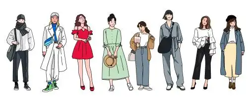 八个时尚穿搭简笔画卡通女生