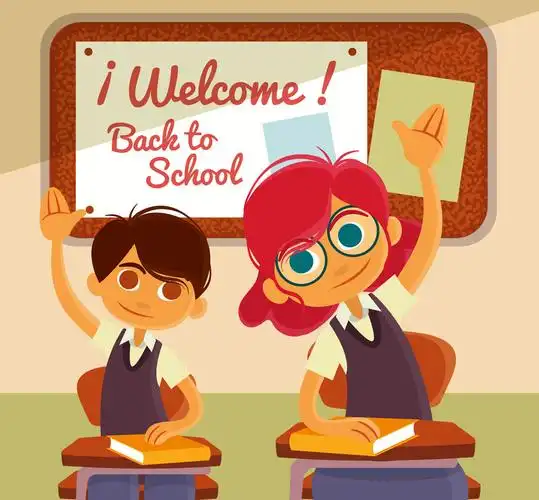 创意课堂上举手发言的男孩和女孩矢量图