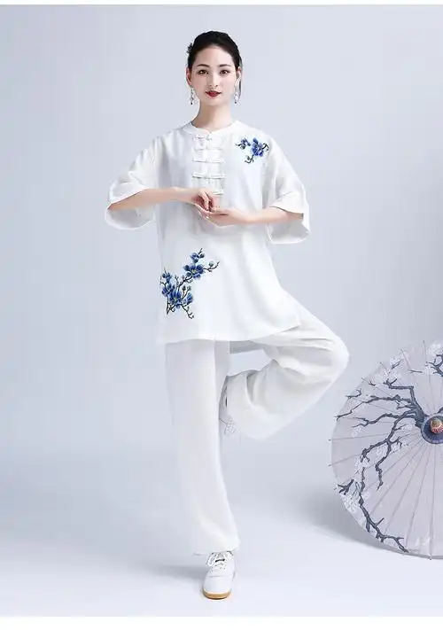 太极服夏季七分袖太极服女棉麻亚麻中袖短袖七分袖透气太极拳服练功服
