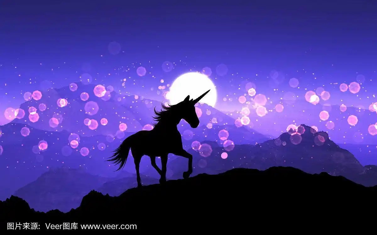 3d幻想独角兽在一个山景观与紫色日落天空