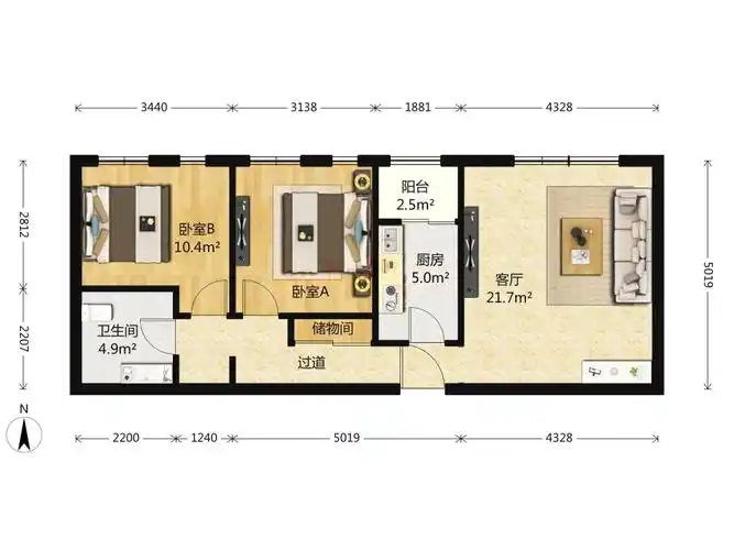 北京印象 2室出售 户型方正 朝北 朝向