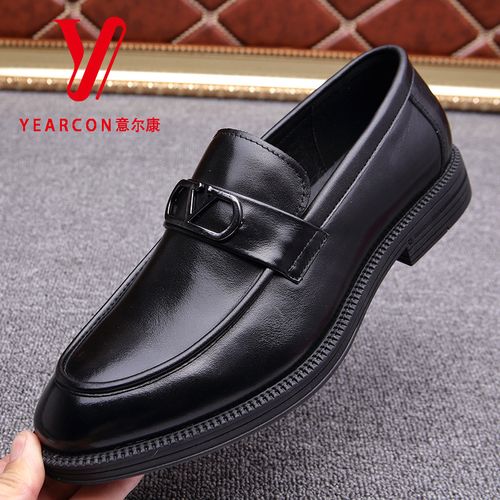 意尔康男鞋2022年春季头层牛皮男士休闲皮鞋尖头套脚内增高皮鞋男
