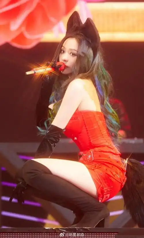张靓颖演唱会装扮成黑尾狐妖穿长靴秀美大腿
