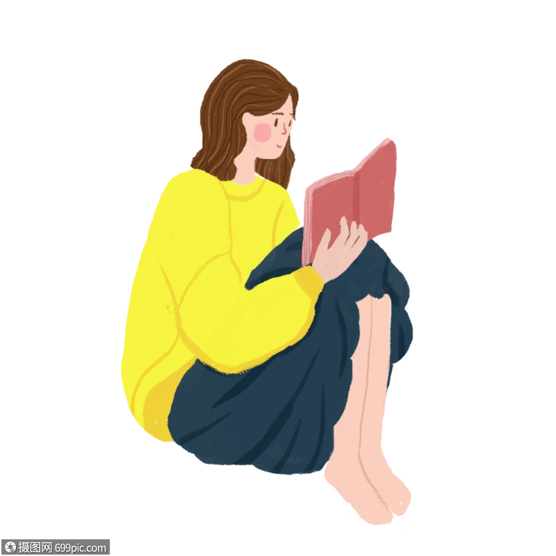 坐着看书的女孩女生手绘女孩