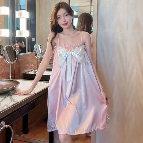 吊带睡裙夏季冰丝甜美性感奢华蝴蝶结仿真丝绸睡裙