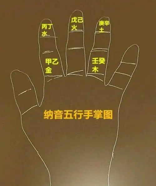1,上图为纳音五行手掌图,从食指根部起甲乙,食指尖起丙丁,中指尖起戊