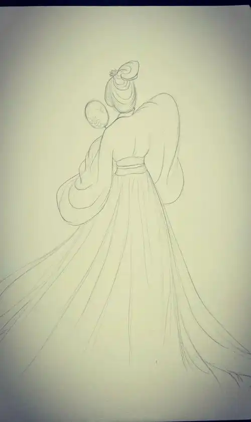 手绘 古风 女子 线稿 背影