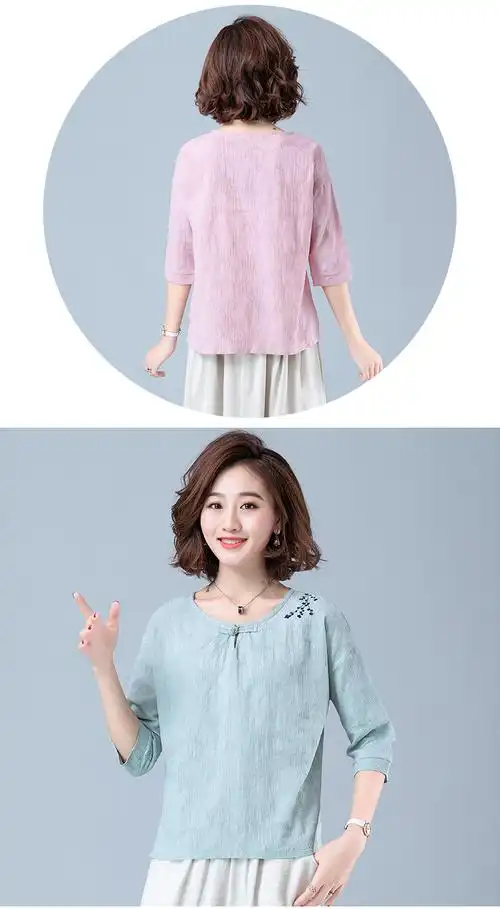棉麻半袖衫t恤亚麻丅体桖棉质中袖女夏百搭棉妈妈麻料早秋七分袖上衣