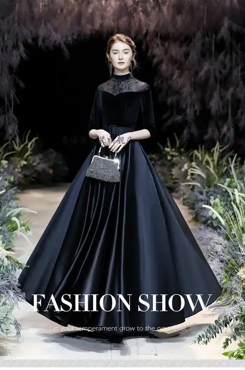 黑色晚礼服裙女2021新款主持人宴会气质连衣裙高端合唱指精品女装 酒