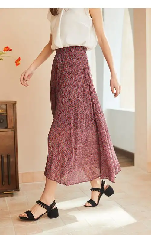 艾莱依斜下摆压褶半身裙女2021夏新款高腰显瘦百褶裙a字雪纺裙子风铃