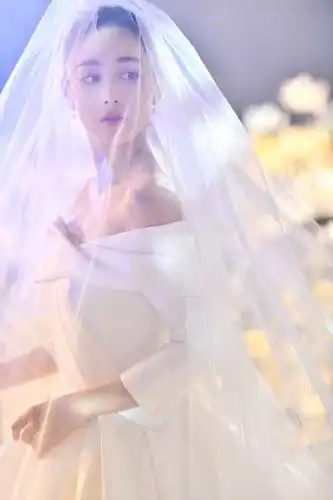 张馨予穿着白色抹胸婚纱,头披白纱唯美梦幻.
