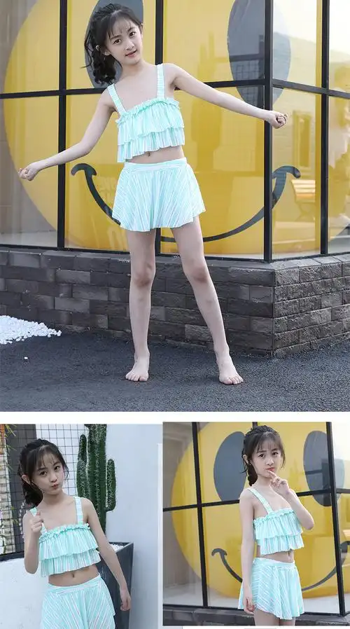 时尚分体儿童泳衣套装女 保守平角女童泳衣 大童学生爆款吊带泳装