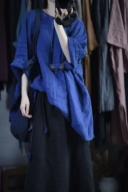 秋款布衣改良盘扣中式风中古朴宽松拼接条纹t恤