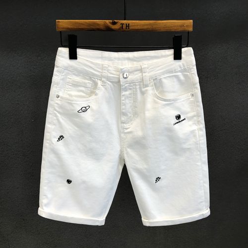 潮牌高端痞帅刺绣白色牛仔短裤男士休闲裤五分裤夏季薄款中裤裤子