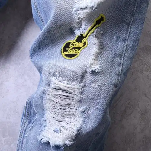 6692两色破洞牛仔裤男修身弹力韩版补丁贴布青年小脚裤子乞丐潮流