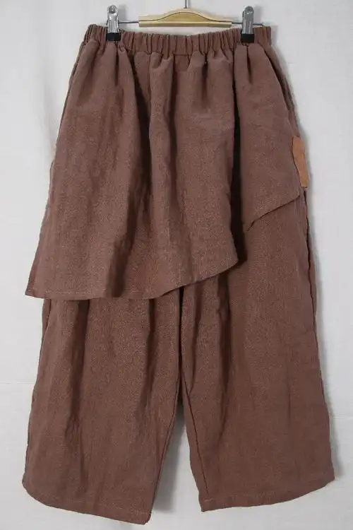 原创苎麻渔夫裤文艺复古七分女裤拼接苎麻裤子2138