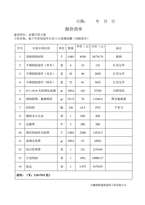 金通大厦地下车库雨棚报价单doc6页