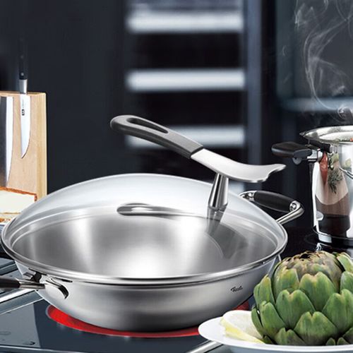 菲仕乐炒锅亚洲多层钢玻璃盖单柄炒锅家用不锈钢炒菜锅燃气电磁炉通用