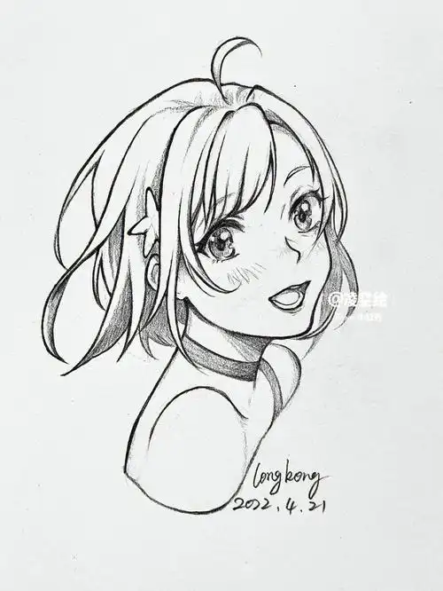 欢快治愈的黑白漫画手绘人物头像线稿短发女