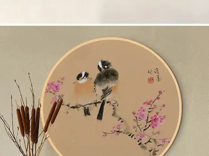 花开富贵喜鹊登枝圆形挂画