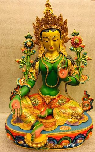 尼泊尔进口铜鎏金彩绘彩绘绿度卓玛藏传佛教佛像15寸摆件