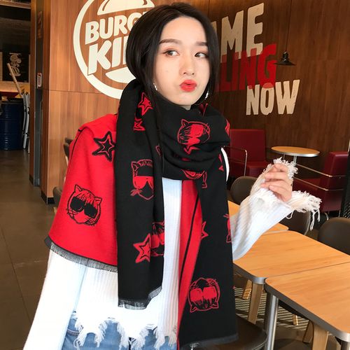 蔡徐坤古力娜扎戚薇明星同款卡通网红猫情侣围巾啵啵狗大红色披肩