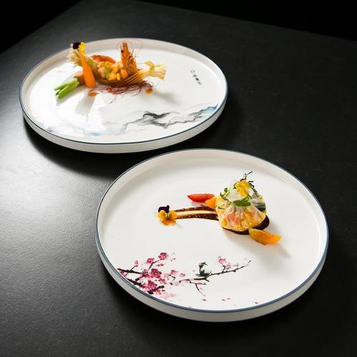 中式圆形12英寸意境摆盘国风山水装饰盘陶瓷平盘餐厅酒店餐厅餐具