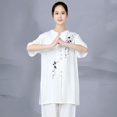 夏季休闲款太极服新式改良短袖女士健身气功练功表演服白色武术服
