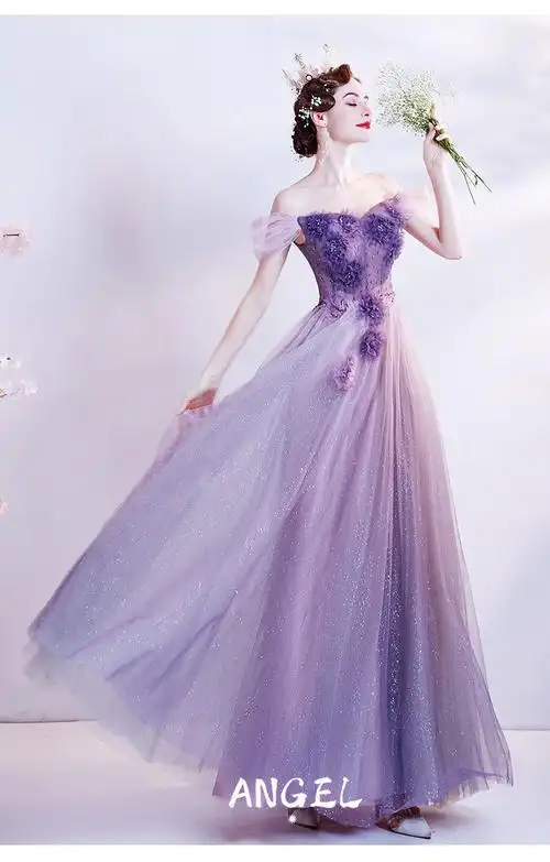 2022春夏新款花仙子紫色宴会朗诵演出走秀晚礼服实体店货源