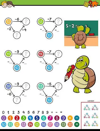 儿童教育数学减法益智游戏的卡通插图