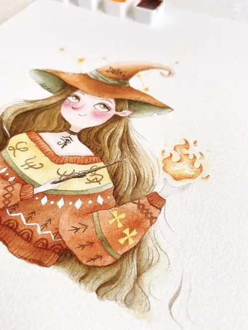 手绘水彩女巫头像