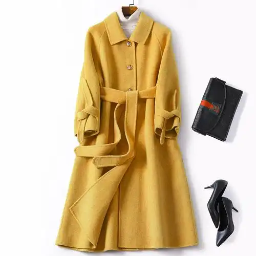 2020新款双面尼手工羊毛大衣女外套长款零羊绒修身系带娃娃领韩版