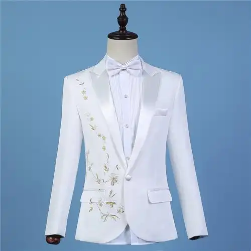 新郎礼服2020套装刺绣西服修身白色韩版岁主持人演出—西服/小西装
