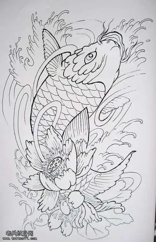 手稿线条鲤鱼纹身图案