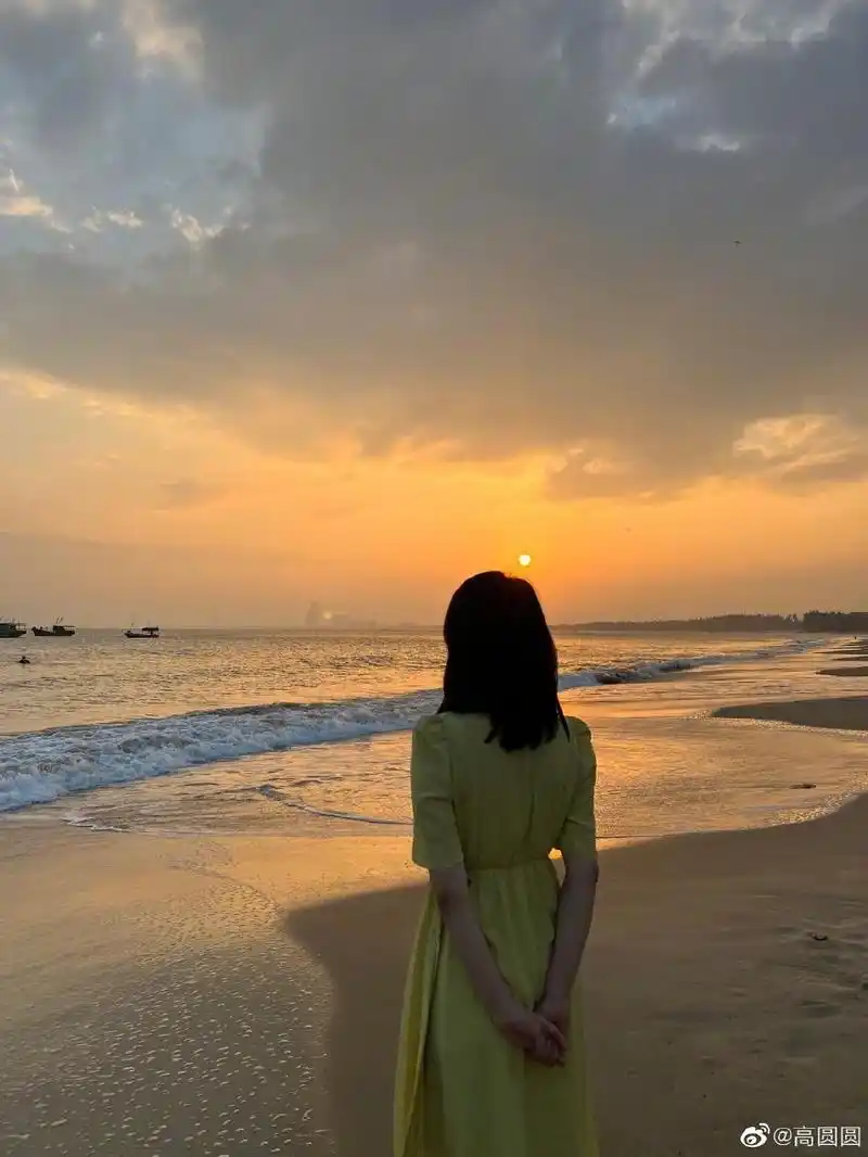 高圆圆身着鹅黄色长裙 海边欣赏夕阳西下