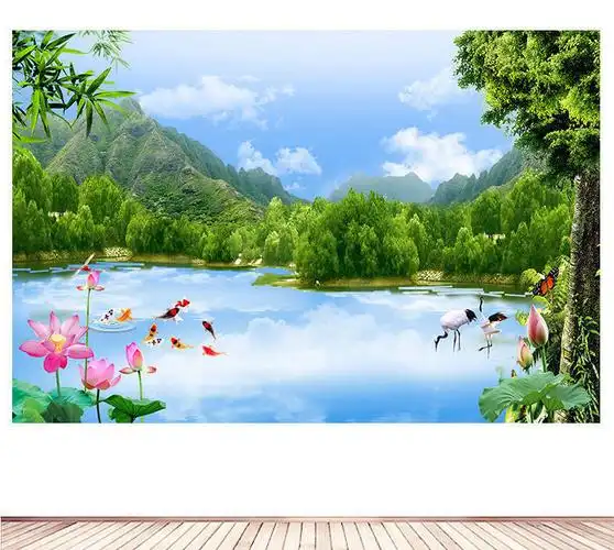 蓝天白云山水风景画荷花九鱼图客厅风水招财壁画卧室墙贴画梦倾城
