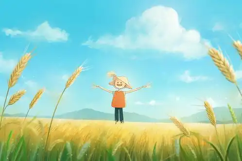 卡通风在麦田里拥抱阳光的稻草人插图