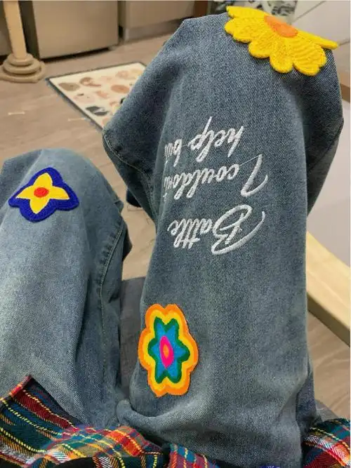 一条贴布花瓣牛仔直筒!高腰直筒裤 美式牛仔裤高腰阔腿裤