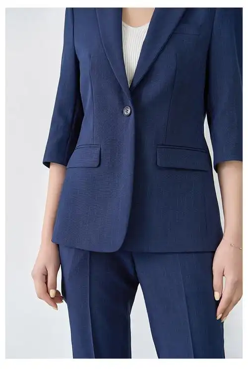 菲伊斯莉品牌职业西装套装女夏季藏蓝色驳领高端薄款七分袖商务气质