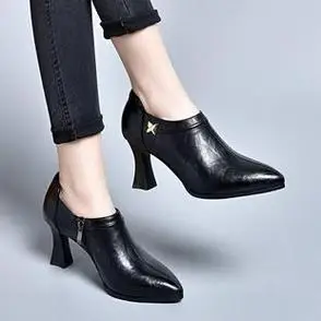 爆款新款粗跟女鞋2024春款真皮高跟鞋气质尖头手抓纹单鞋女士皮鞋