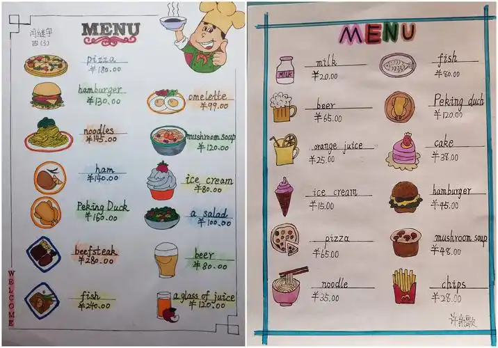 阶段居家学习时,四年级学生在复习食物主题时进行的活动,手绘特色菜单