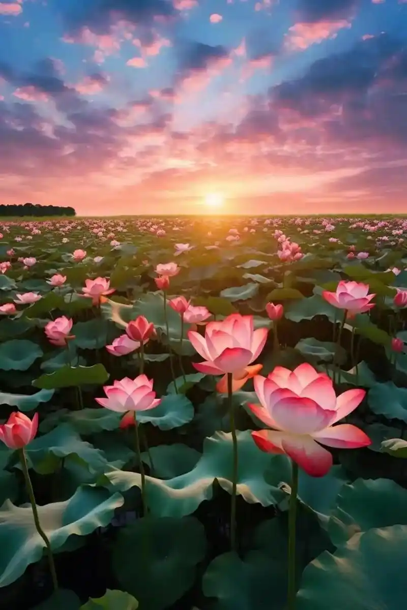 夏日清晨,一池荷花在晨光映照下,宛如一幅幅美丽的画卷.