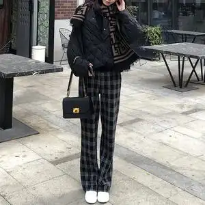 女垂感加长直筒休闲混纺格子长裤,莫代尔阔腿裤搭配什么鞋子好看图片