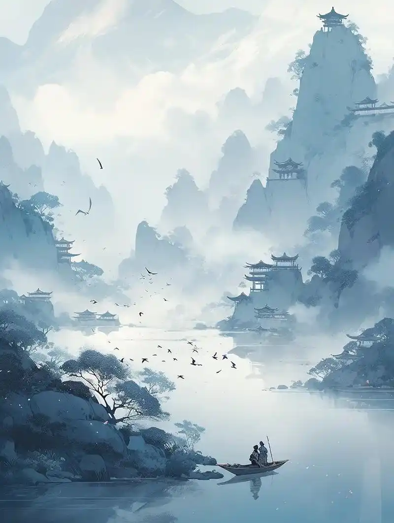 水墨丹青|两岸猿声啼不住,轻舟已过万重山.#古风 #风景 # - 抖音