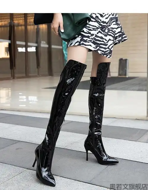 高跟长靴女过膝细跟尖头性感情趣长筒靴超sm漆皮修身高筒靴超大腿靴子