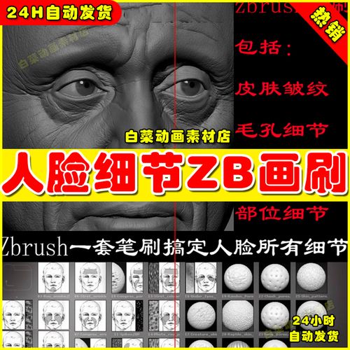 人脸皮肤毛孔皮肤头部脸部皱纹褶皱笔刷合集zbrush笔刷